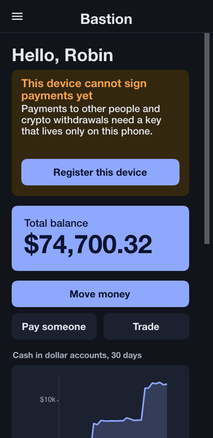 The dashboard in dark mode with the balance chart and the allocation ring