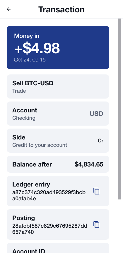 One posting: money in, the amount, the side of the entry, the balance after it and the ledger entry reference