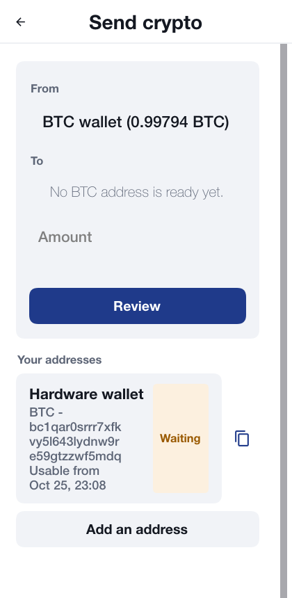 The send crypto screen with the wallet to send from and an address on the allow-list, usable only from tomorrow