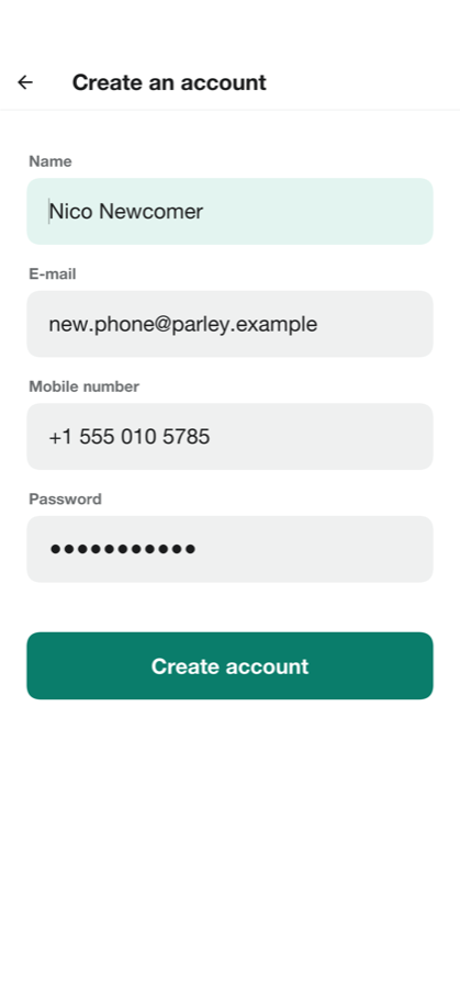 The form for a new account with fields for name, e-mail, mobile number and password