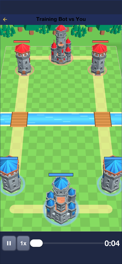 The replay viewer showing a battle in progress with play, pause and speed controls