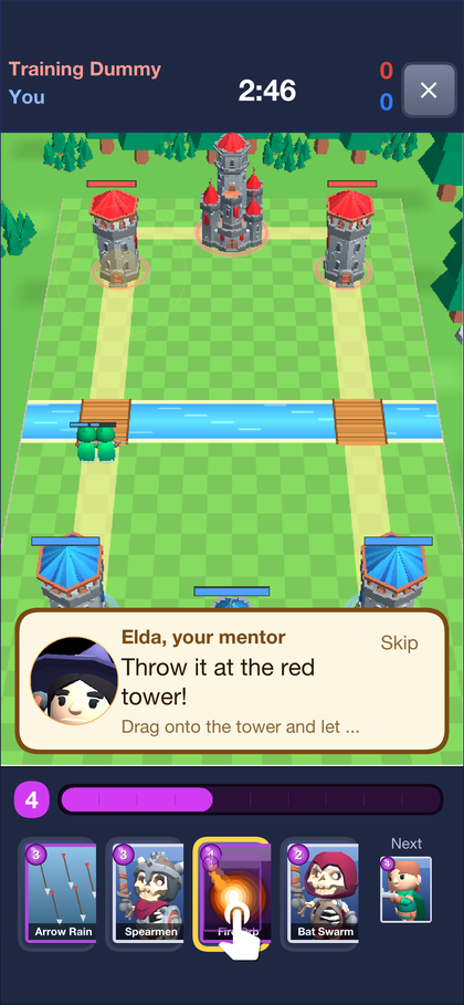 The finger dragging the Fire Orb spell toward the red tower